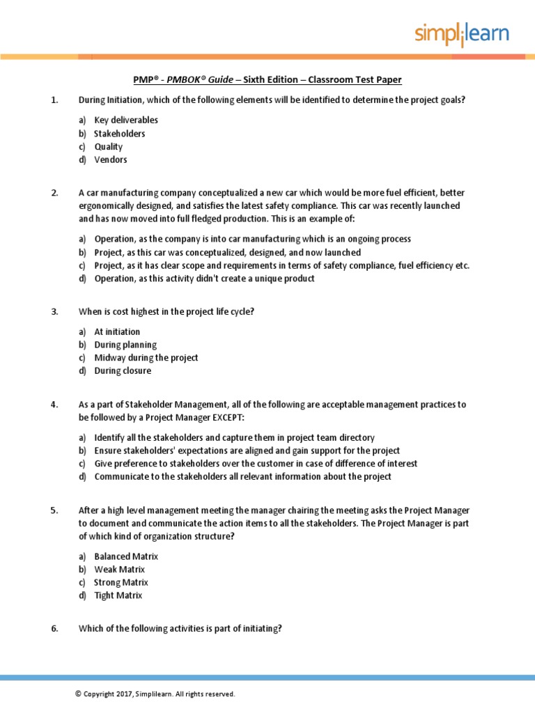 PMP® - PMBOK® Guide - Sixth Edition - Classroom Test Paper | PDF ...
