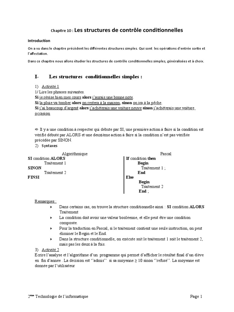 Structures de contrôle conditionnelles | PDF | Structure de contrôle ...