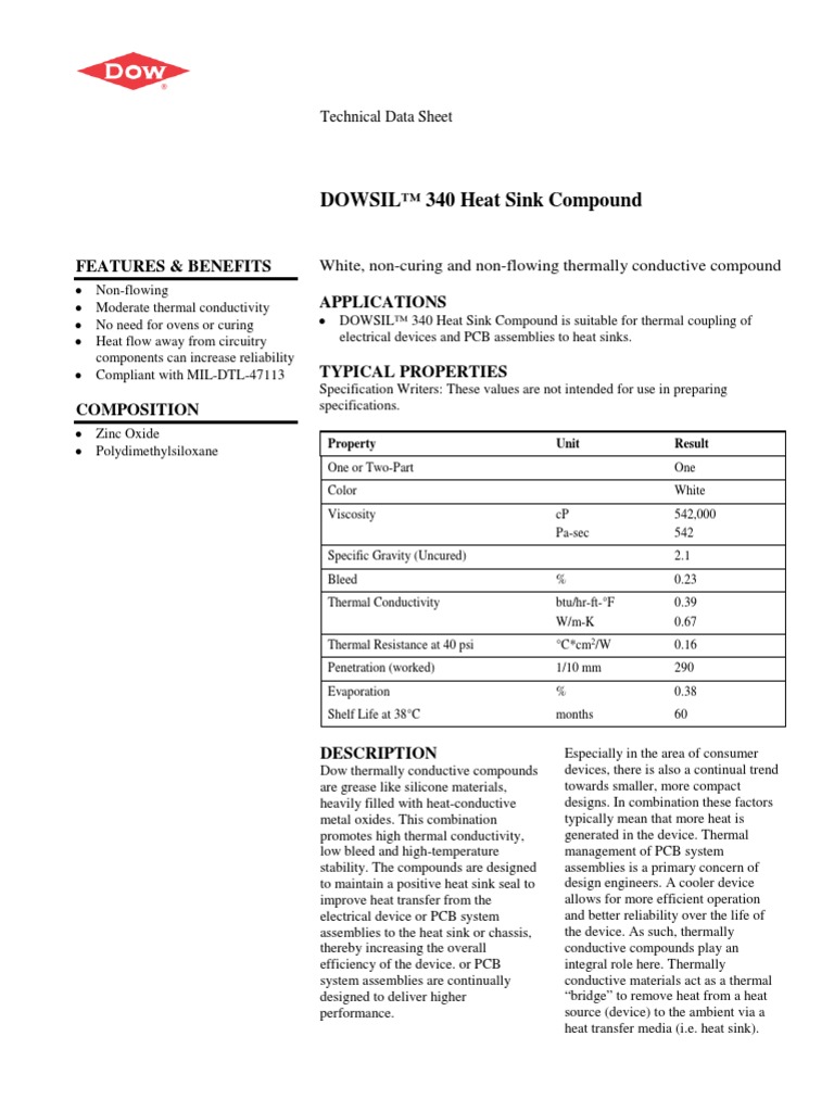 DOWSIL™ 340 Heat Sink Compound Features & Benefits Applications PDF
