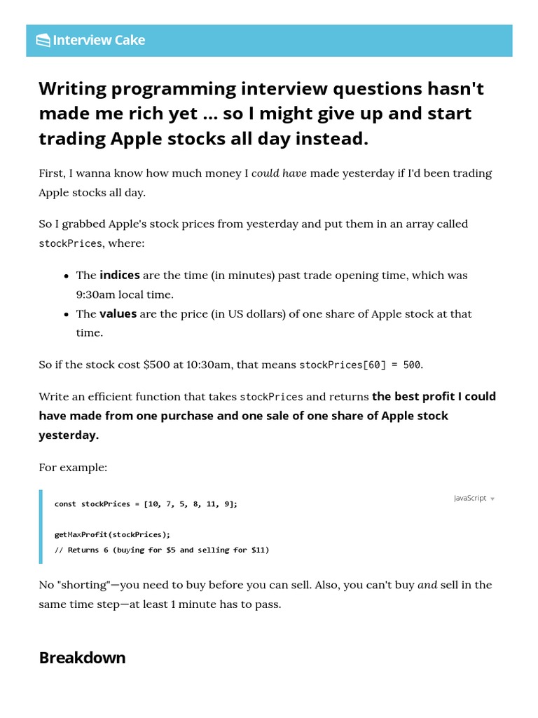 Apple Stocks (Practice Interview Question) - Interview Cake | PDF | Short  (Finance) | Stocks