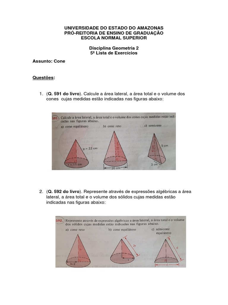 Exercícios sobre Cone e suas Áreas | PDF | Formas geométricas ...