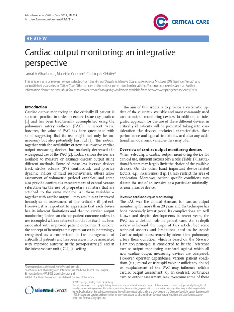 Cardiac Output Monitoring PDF | PDF | Hemodynamics | Intensive Care ...