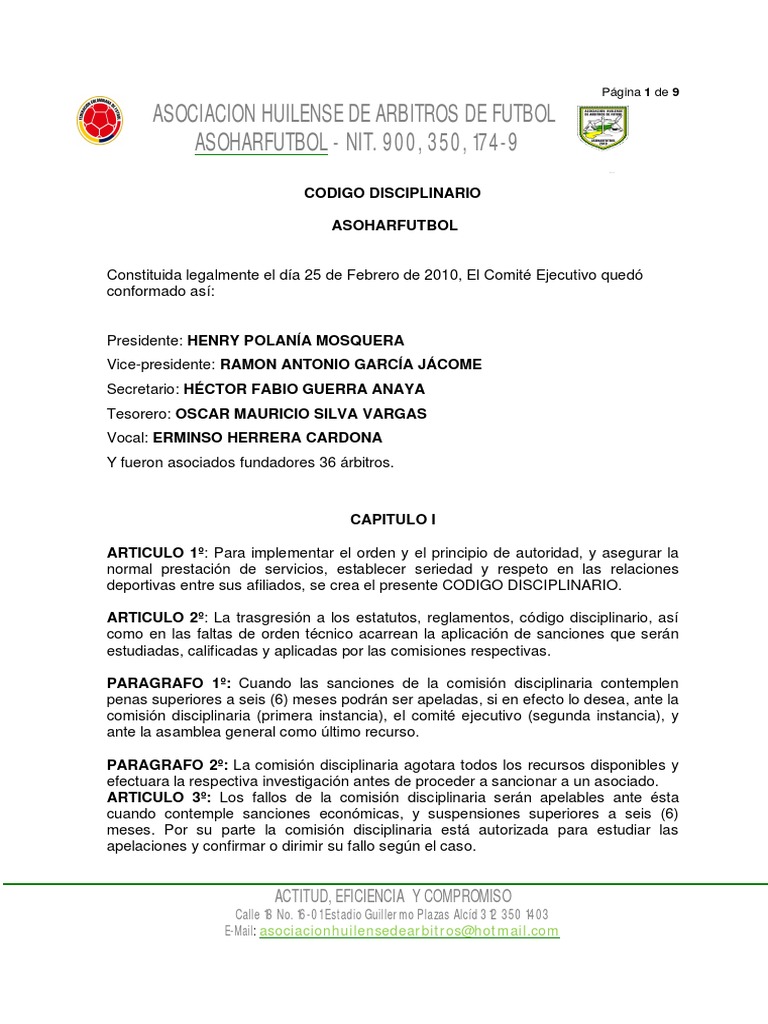 Código Disciplinario de ASOHARFUTBOL | PDF | Asociación de Futbol ...