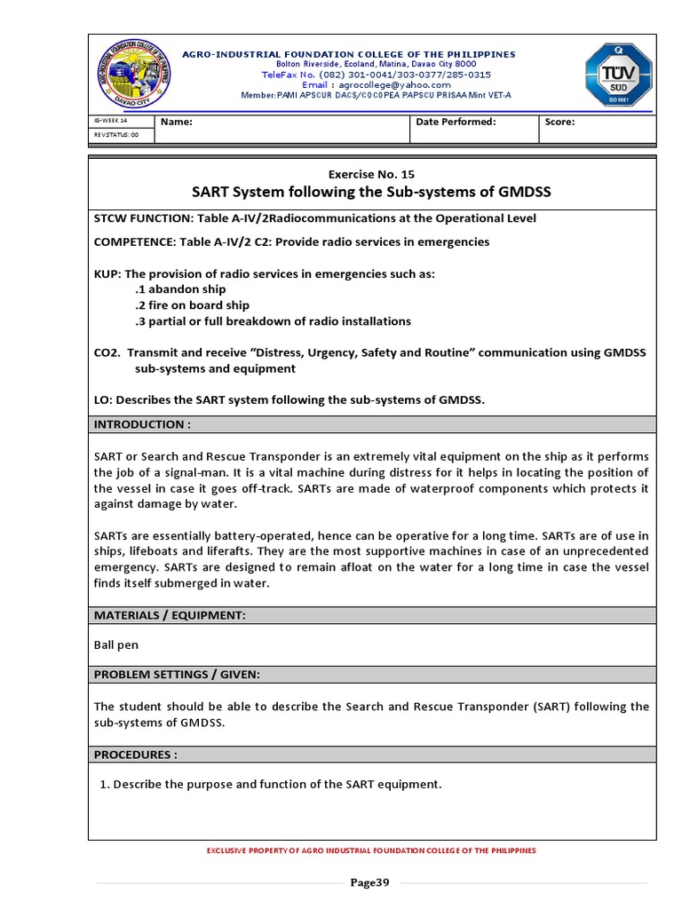 SART System Following The Sub-Systems of GMDSS: Name: Date Performed ...