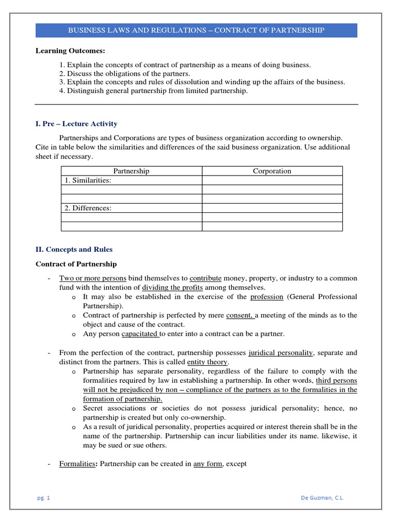 1.0 Course Pack (Module) - Partnership Law (Notes and Activities) PDF ...