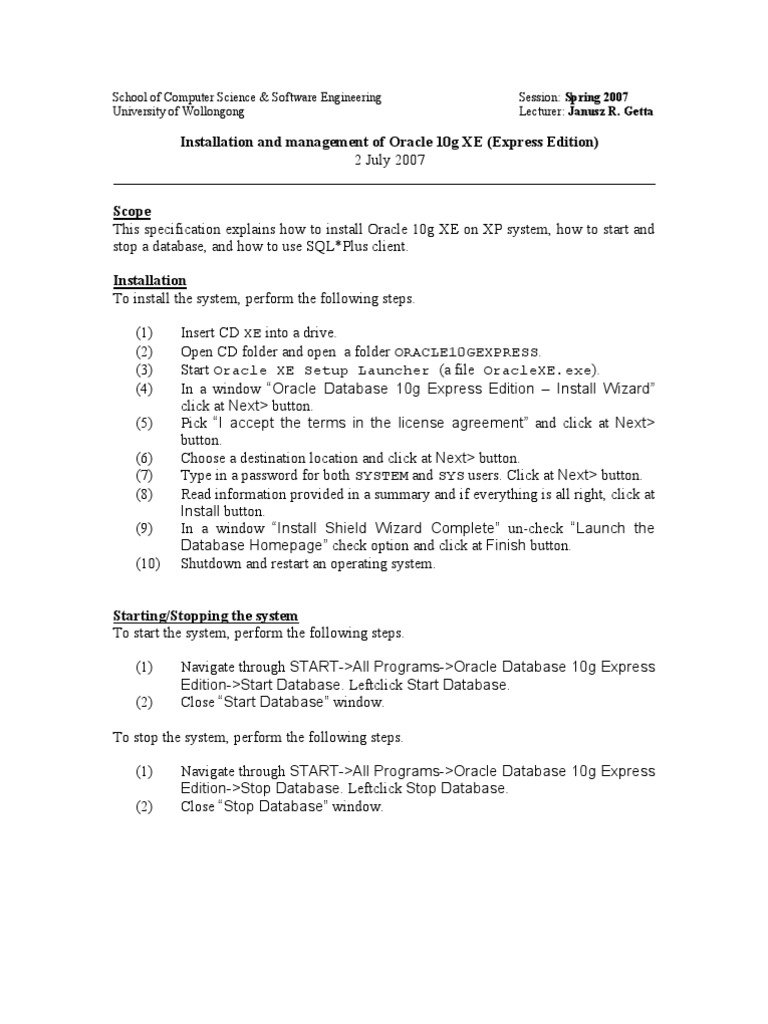 Installing Oracle 10 Gx E Oracle Database Databases