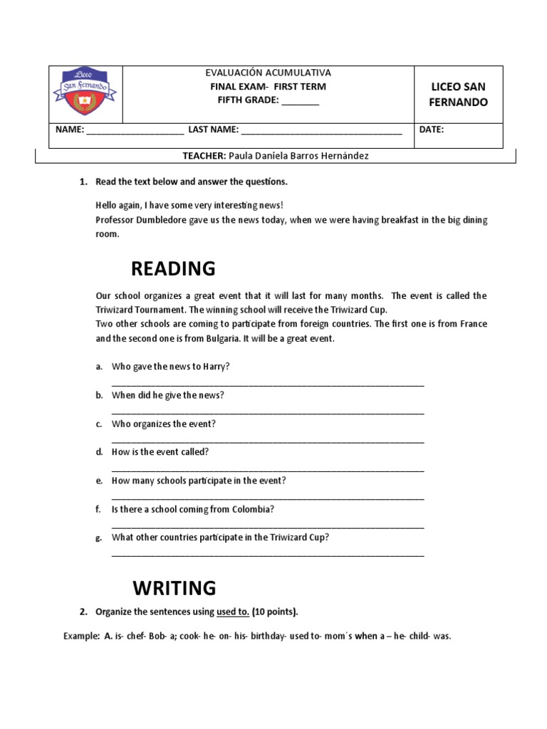Final Exam 5th Grade First Term | PDF