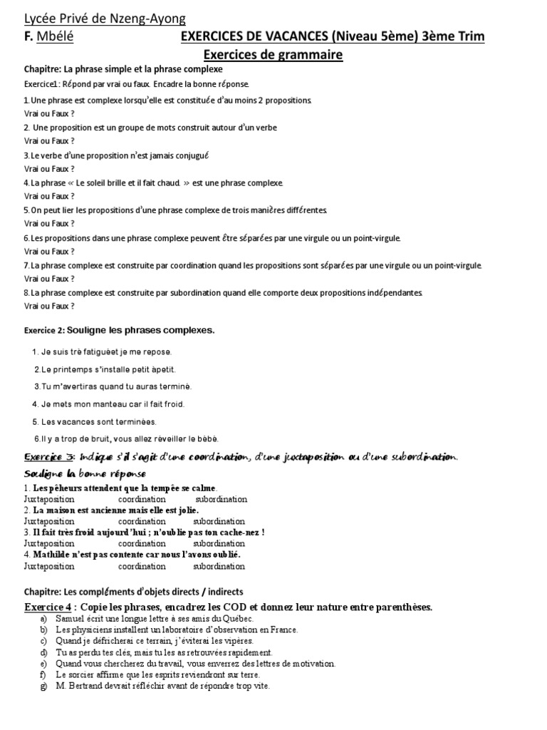 Exercice Sur L impératif Présent 5ème Exercices de Vacances 5eme | PDF | Clause | Phrase