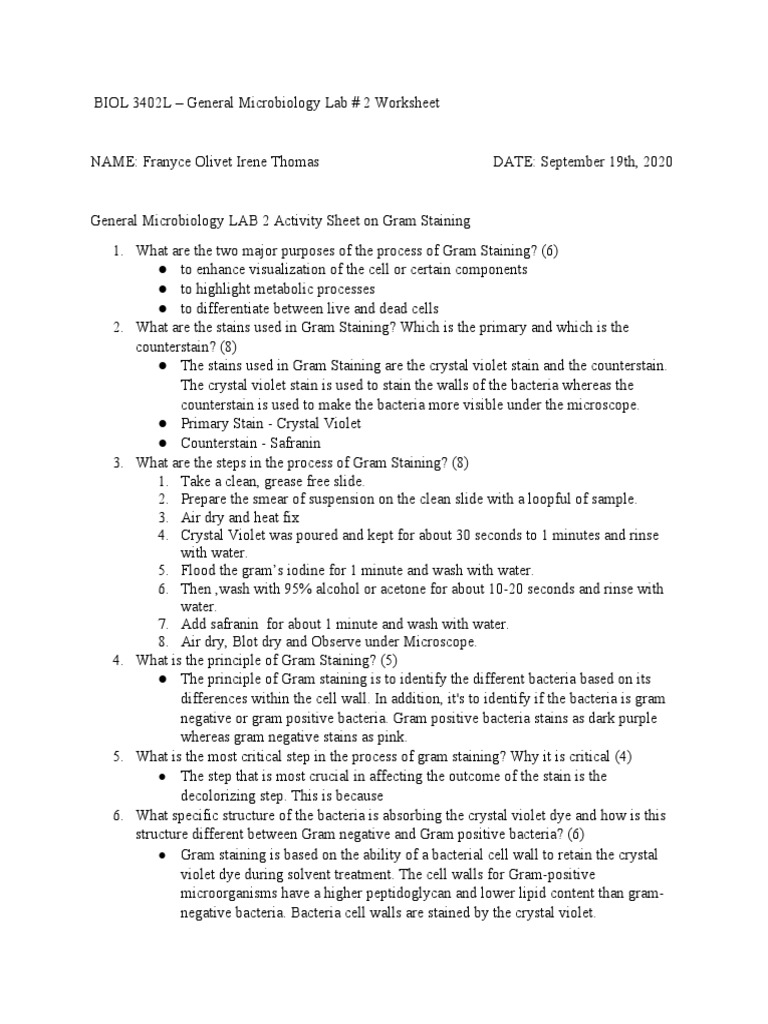 Gram Staining Lab Activity Sheet | PDF | Staining | Gram Positive Bacteria