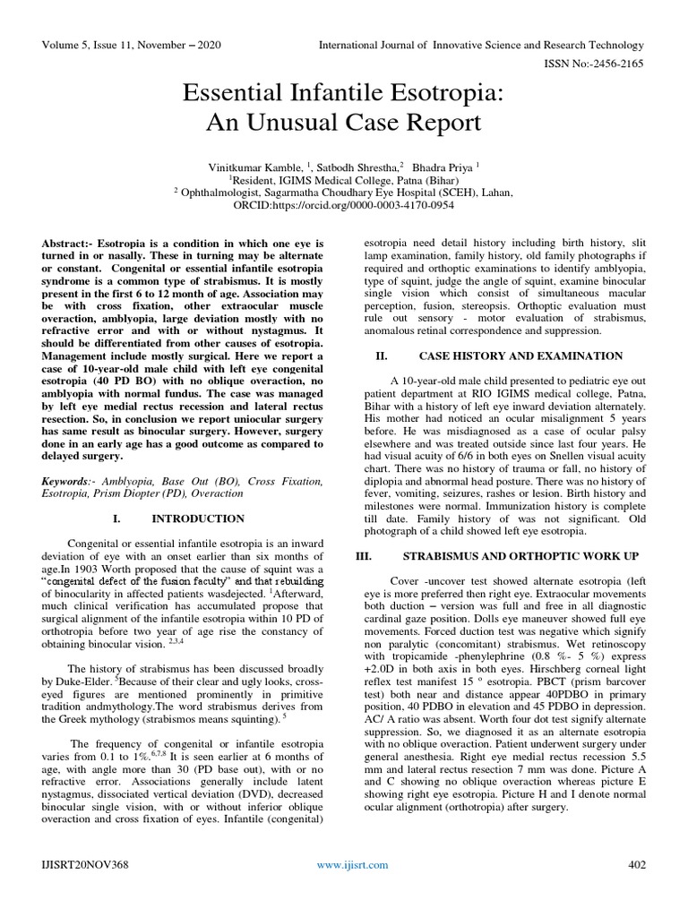 Essential Infantile Esotropia Case Study | PDF | Clinical Medicine | Eye