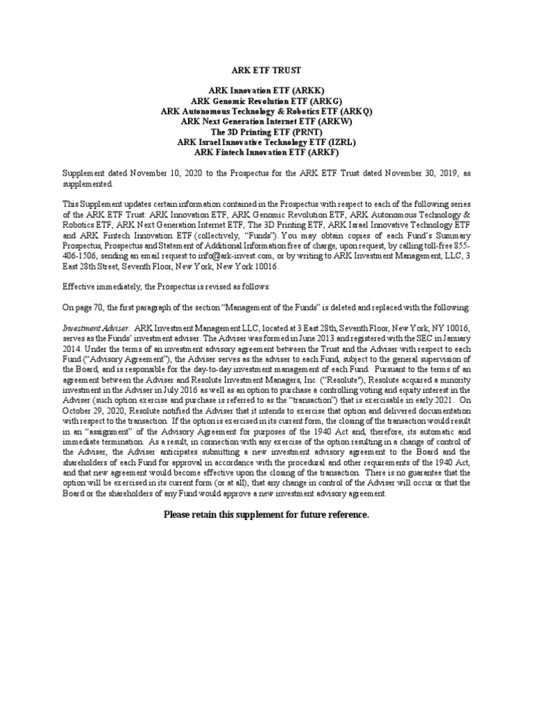 ARK Prospectus Supplement - 11102020 | PDF | Prospectus (Finance ...