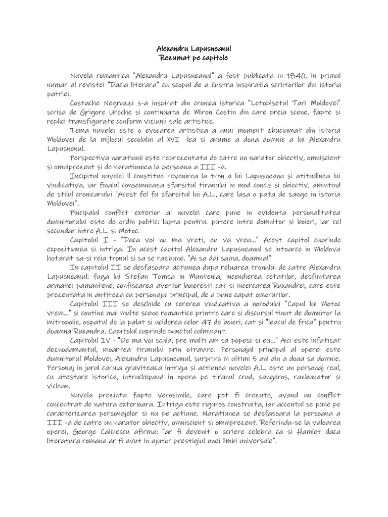 Alexandru Lapusneanu Rezumat Pe Capitole Alexandru Lapusneanu Rezumat Pe Capitole | PDF