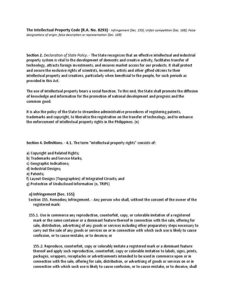 Infringement (Sec. 155) Unfair Competition (Sec. 168) False
