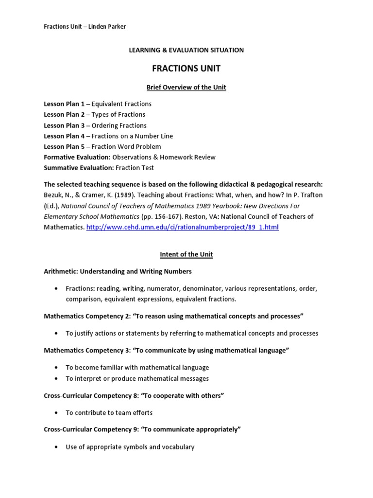 Fractions Unit Overview And Lesson Plans Pdf Fraction Mathematics