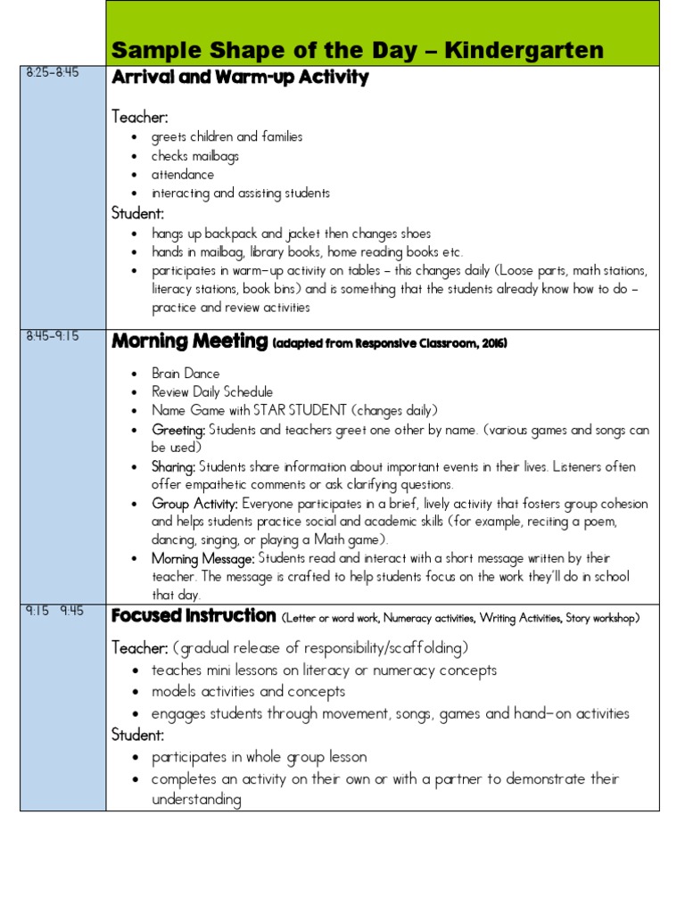 Kindergarten Daily Schedule Overview | PDF | Classroom | Teachers