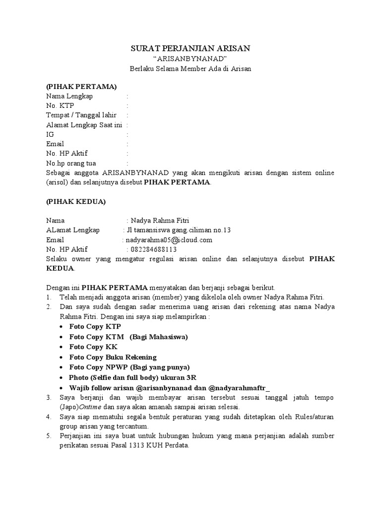 Surat Perjanjian Arisan Nadya