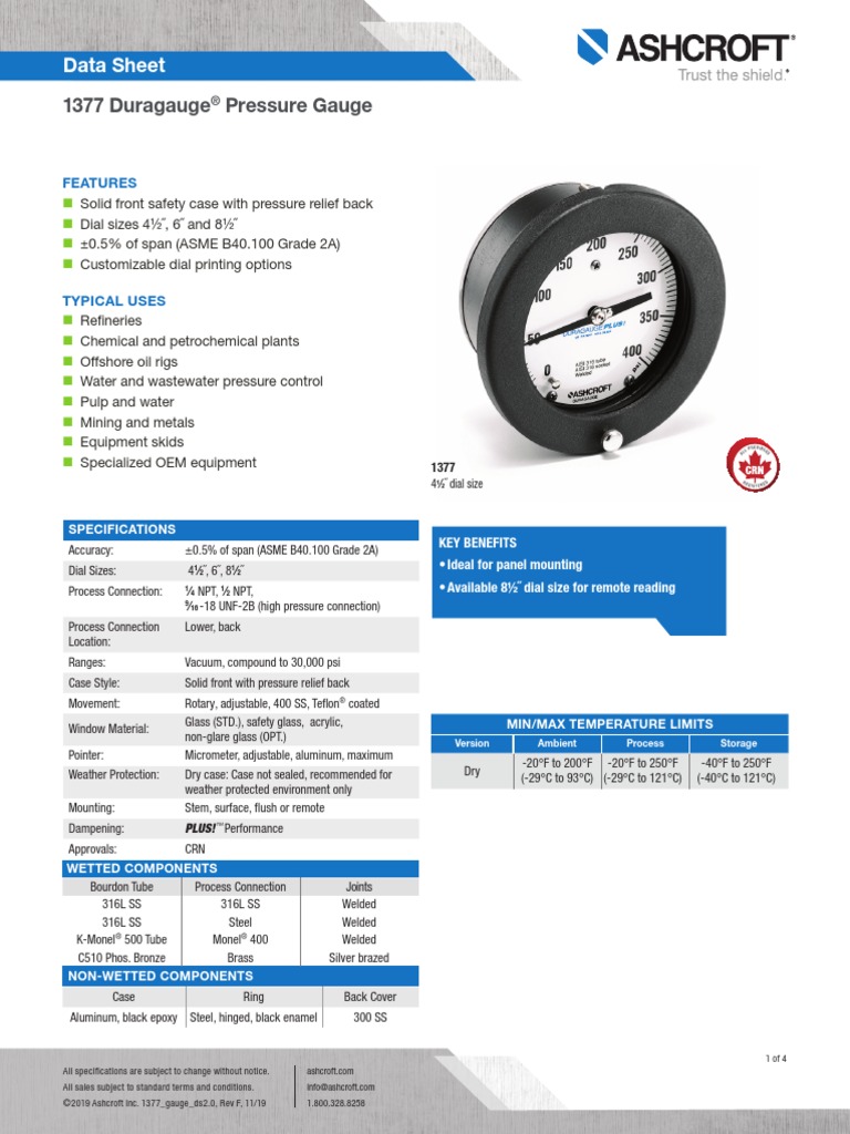1377 Duragauge Pressure Gauge Data Sheet PDF Pressure Measurement