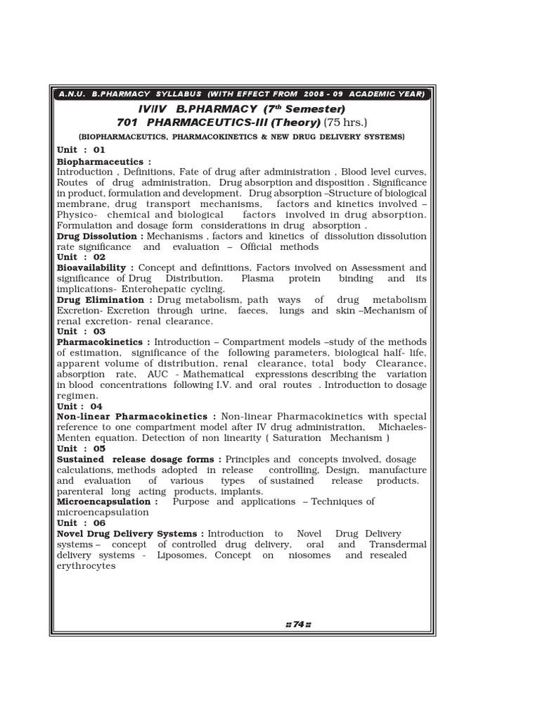 B.Pharmacy 7th Semester Syllabus | PDF | Pharmacokinetics | Pharmacology