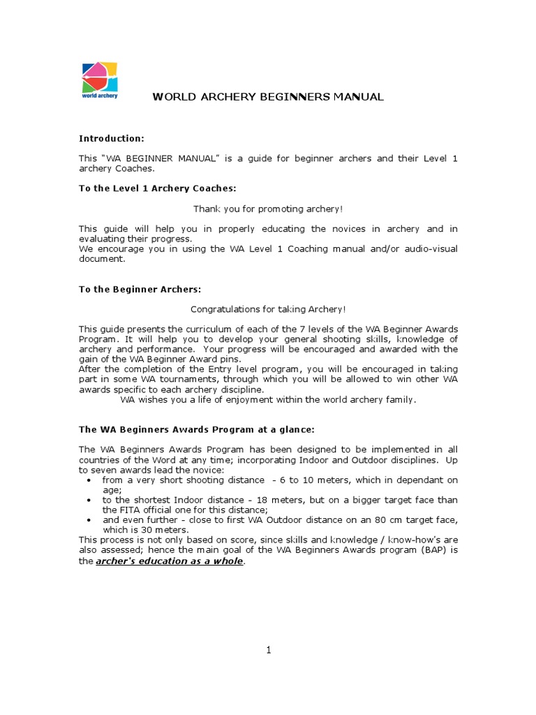 World Archery Beginners Manual PDF Archery Arrow