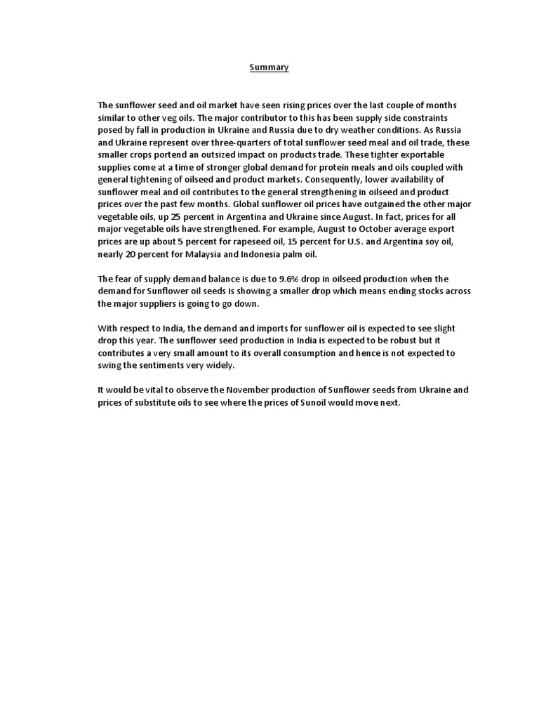 Sunflower Oil Supply Demand Analysis Pdf Vegetable Oil Crops