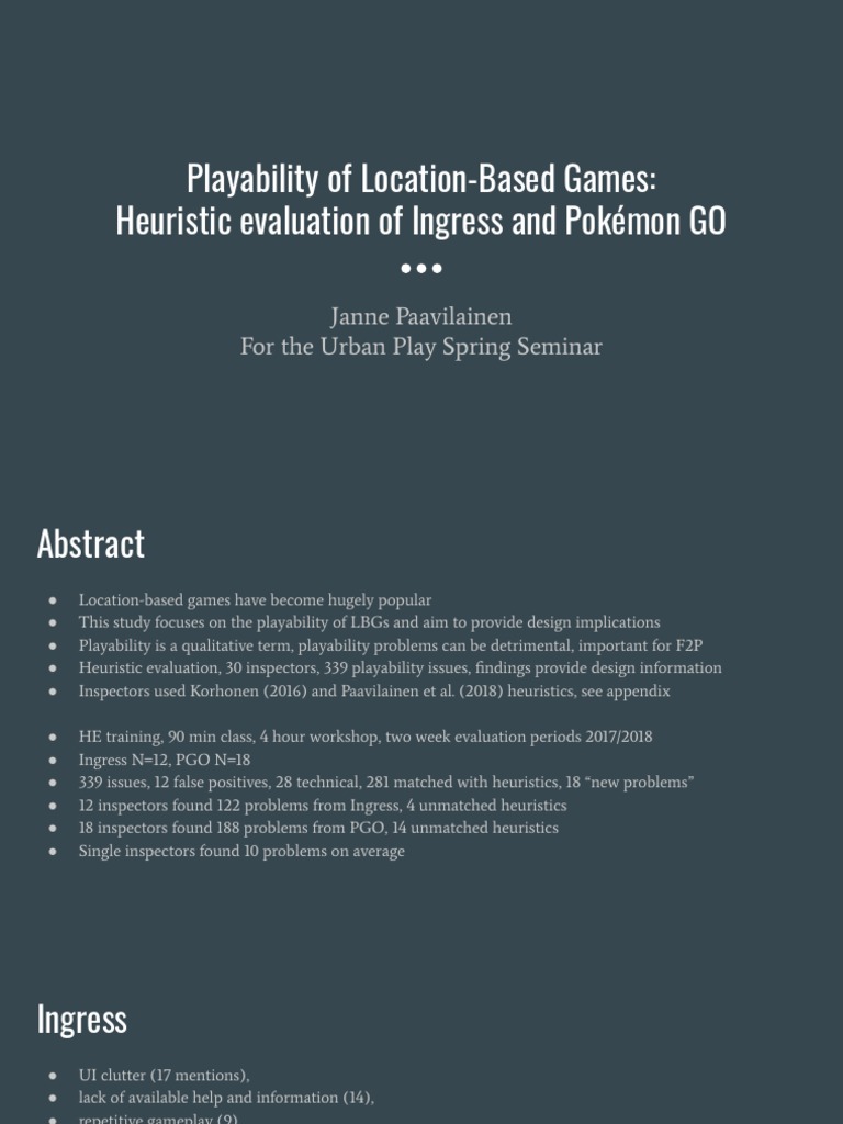 Playability of Location-Based Games - Heuristic Evaluation of Ingress ...