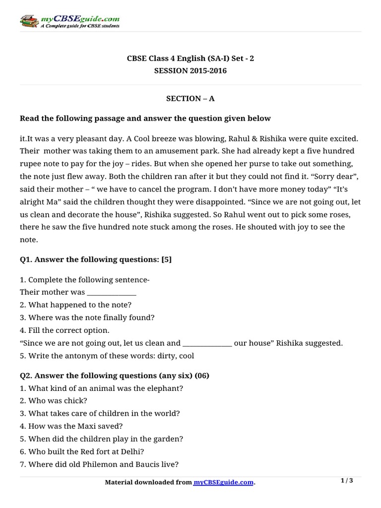 CBSE Class 4 English Set 2 Questions | PDF | Career & Growth