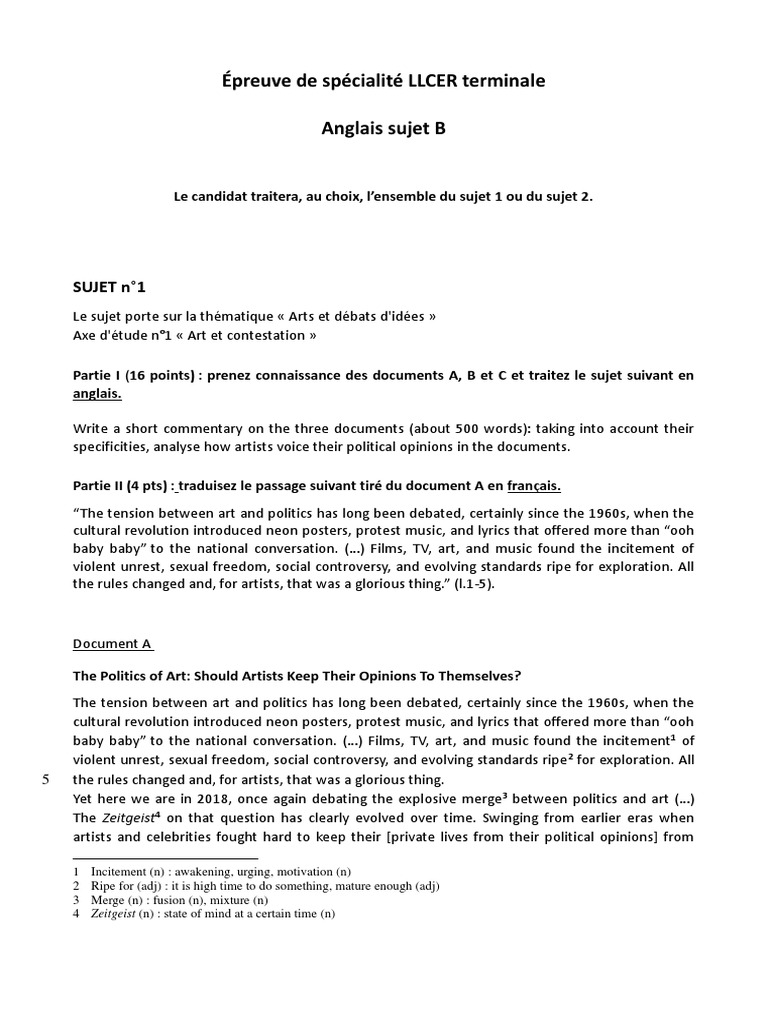 Bts Anglais Corrigé 2022 Bac - Épreuve de Spécialité LLCER - Sujet Et Corrigé N°2 | PDF | Paintings