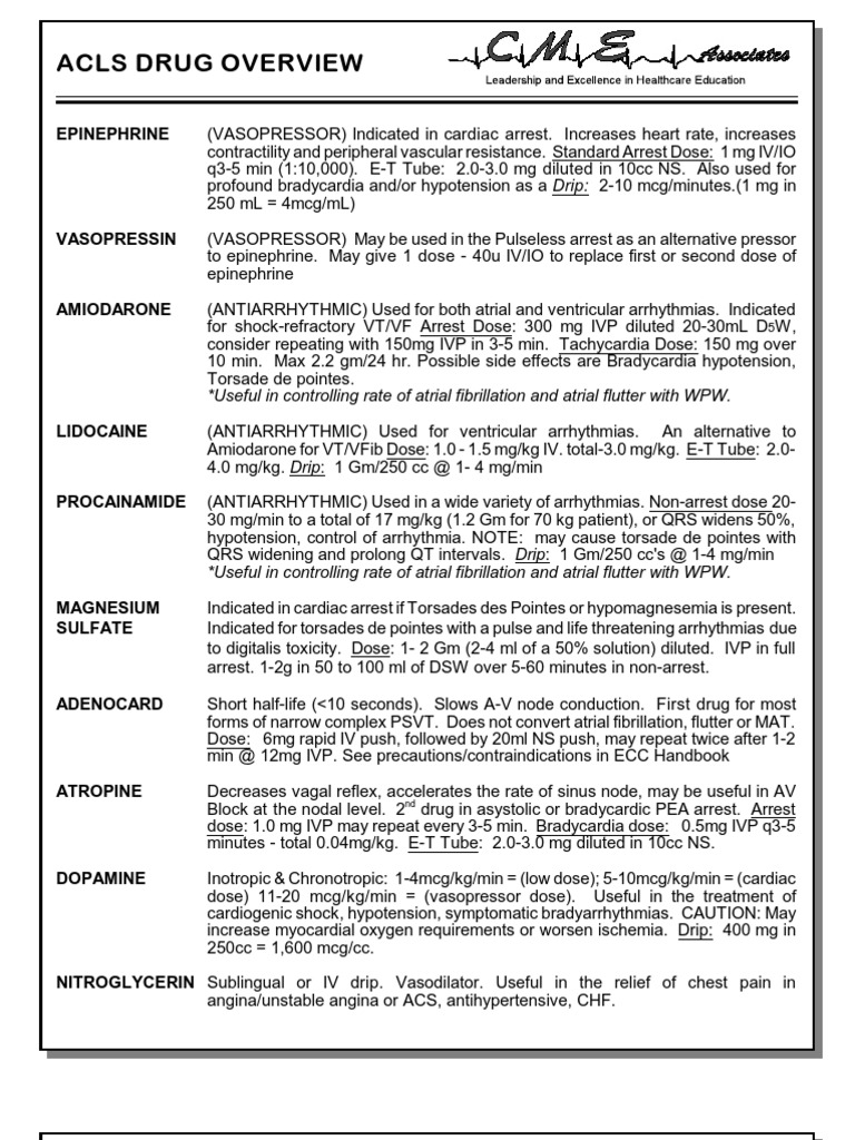 ACLS Medications and Dosages Overview | PDF | Myocardial Infarction | Heart
