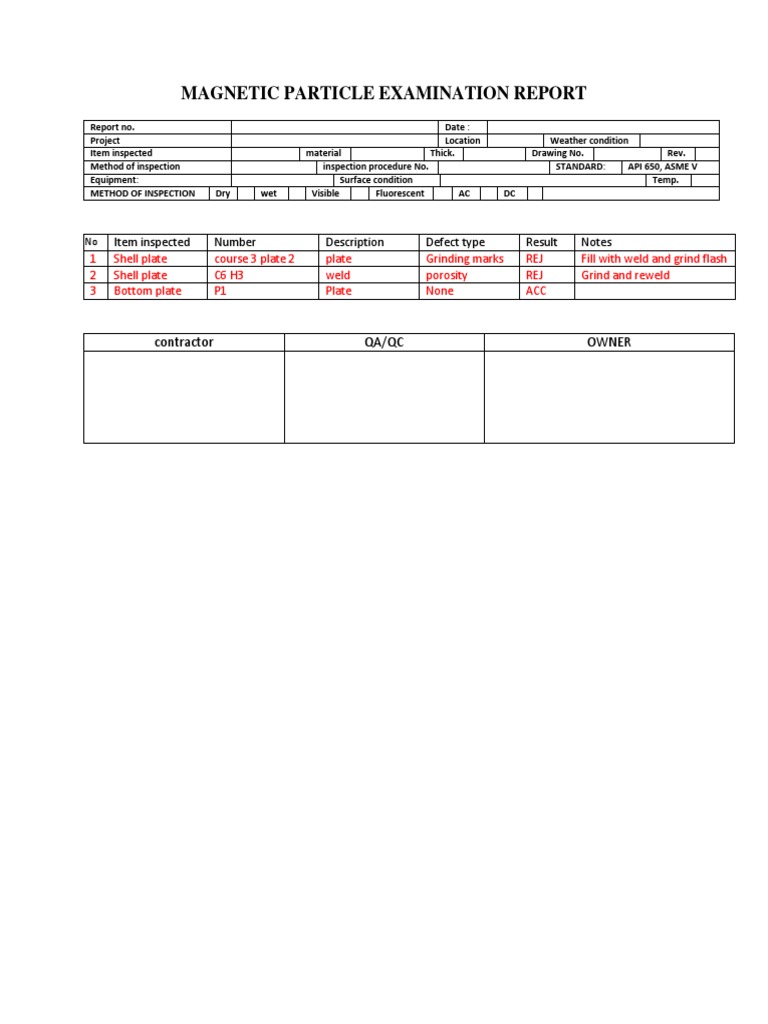 Magnetic Particle Examination Report: Contractor Qa/Qc Owner | PDF