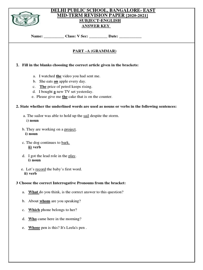 Grade 5 English Mid-Term Revision Paper | PDF | Grammar | Syntax
