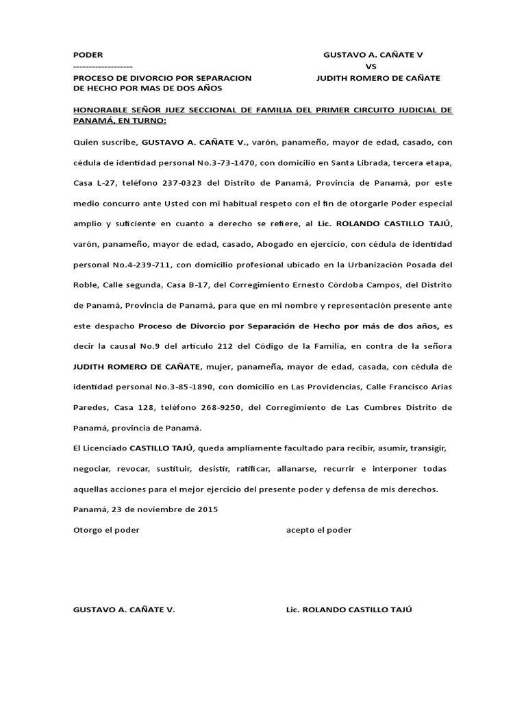 Modelo Divorcio Por Separacion de Cuerpo | PDF | Panamá | Divorcio
