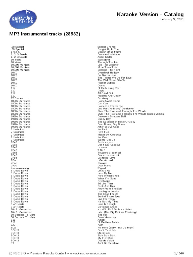 Karaokeversion Catalog PDF Singles Recorded Music