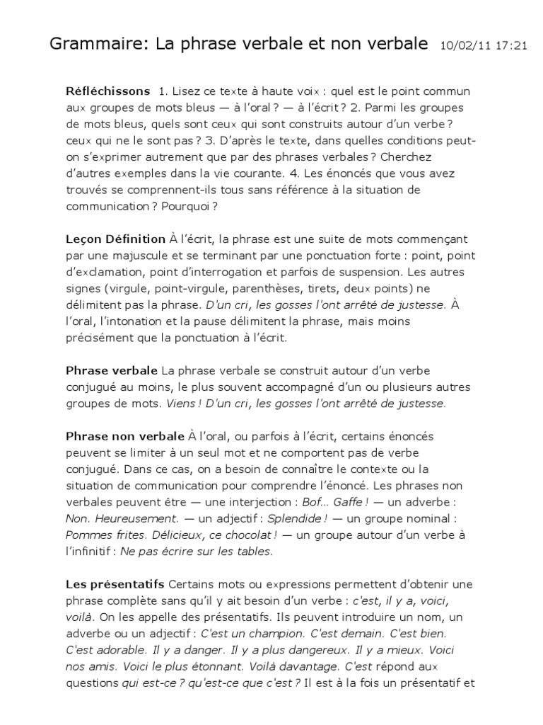 Exercice Phrase Verbale Et Non Verbale