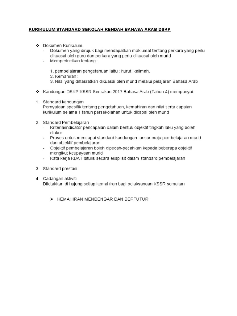 Kurikulum Standard Sekolah Rendah Bahasa Arab Dskp Pdf