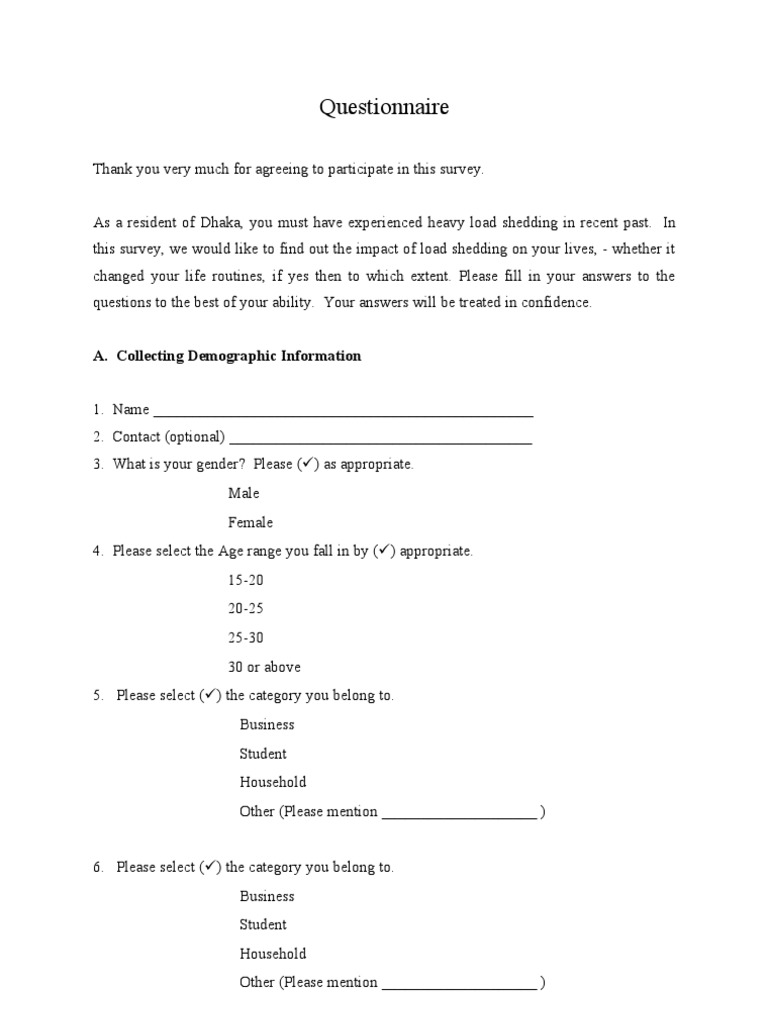 loadshedding research_questionnaire | Survey Methodology | Energy And ...