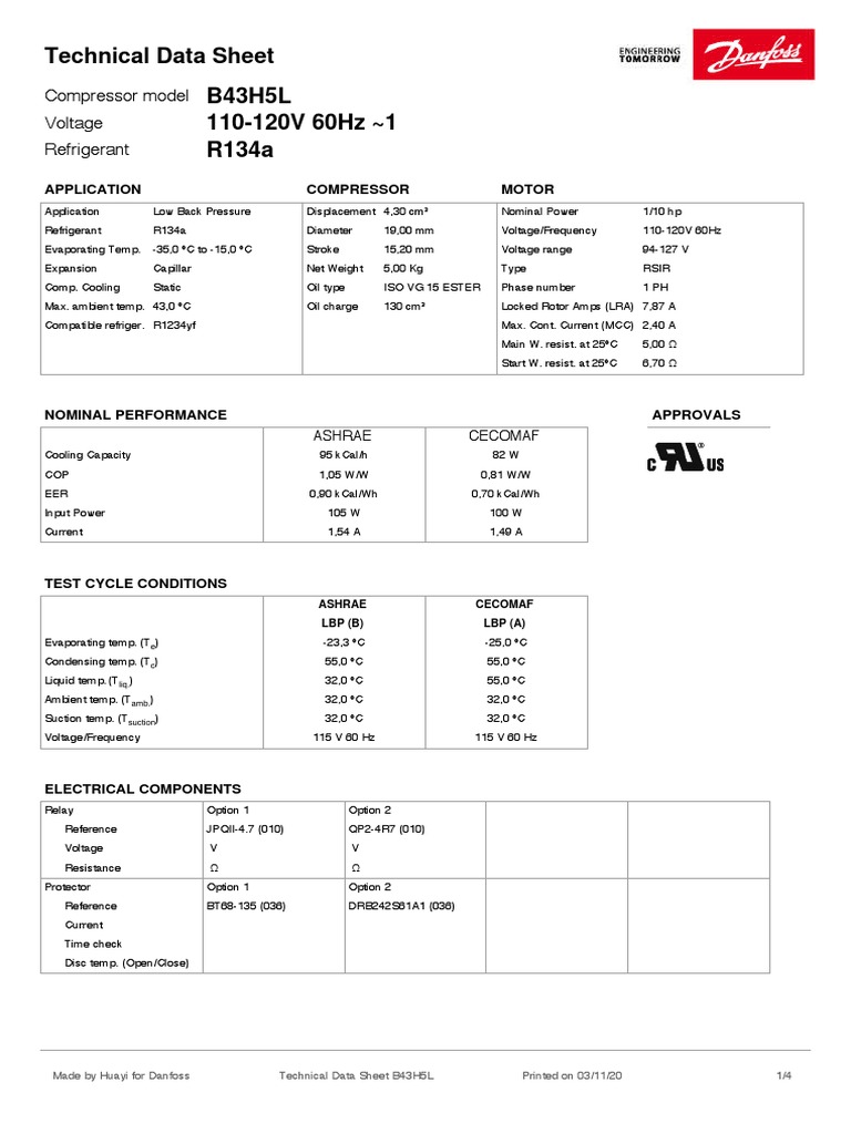 B43H5L Compressor Technical Data Sheet | PDF | Electrical Engineering ...