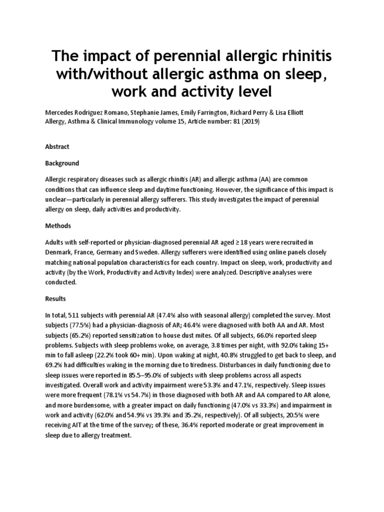 The Impact of Perennial Allergic Rhinitis With/without Allergic Asthma On Sleep, Work and