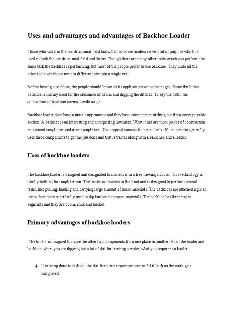 Uses, Advantages and Advantages of Backhoe Loader PDF Loader (Equipment) Construction