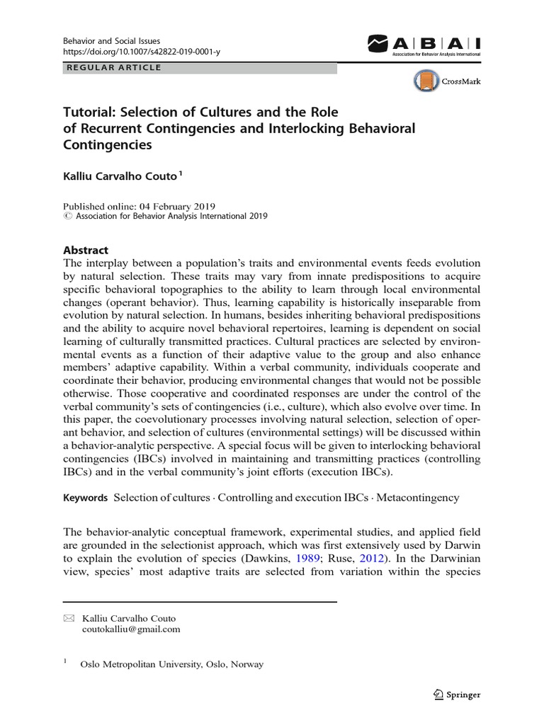 Tutorial Selection of Cultures and The Role of Recurrent Contingencies and Interlocking