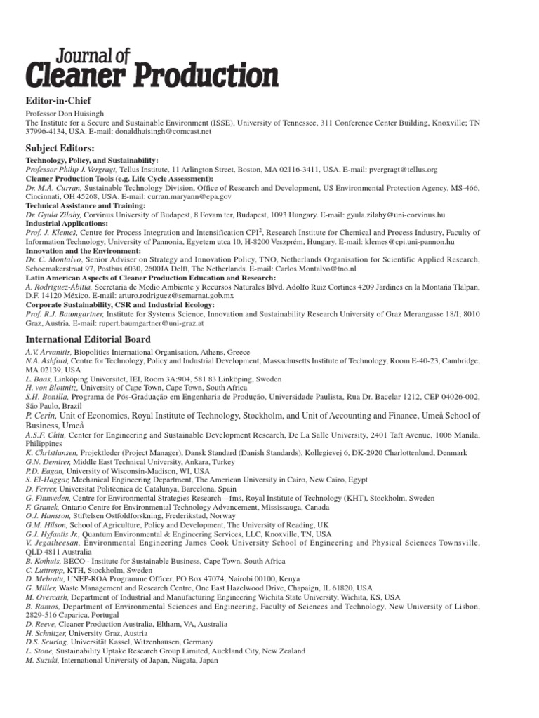 Editorial Board 2011 Journal of Cleaner Production Download Free