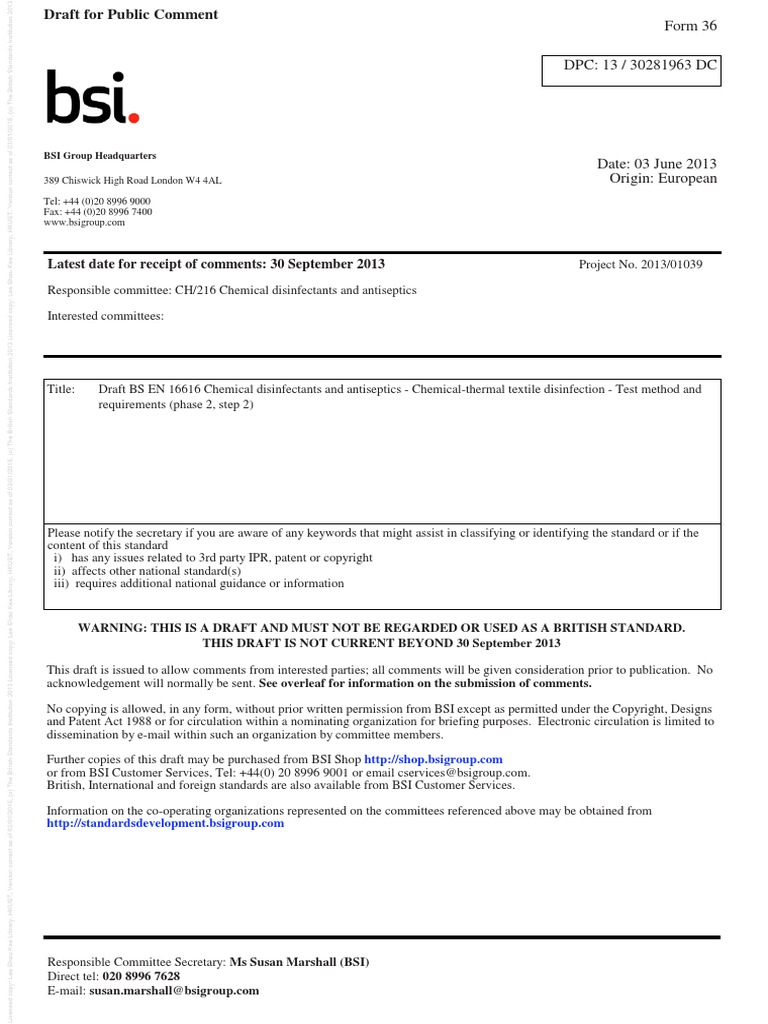 (BS en 16616) Chemical Disinfectants and Antiseptics. Chemical