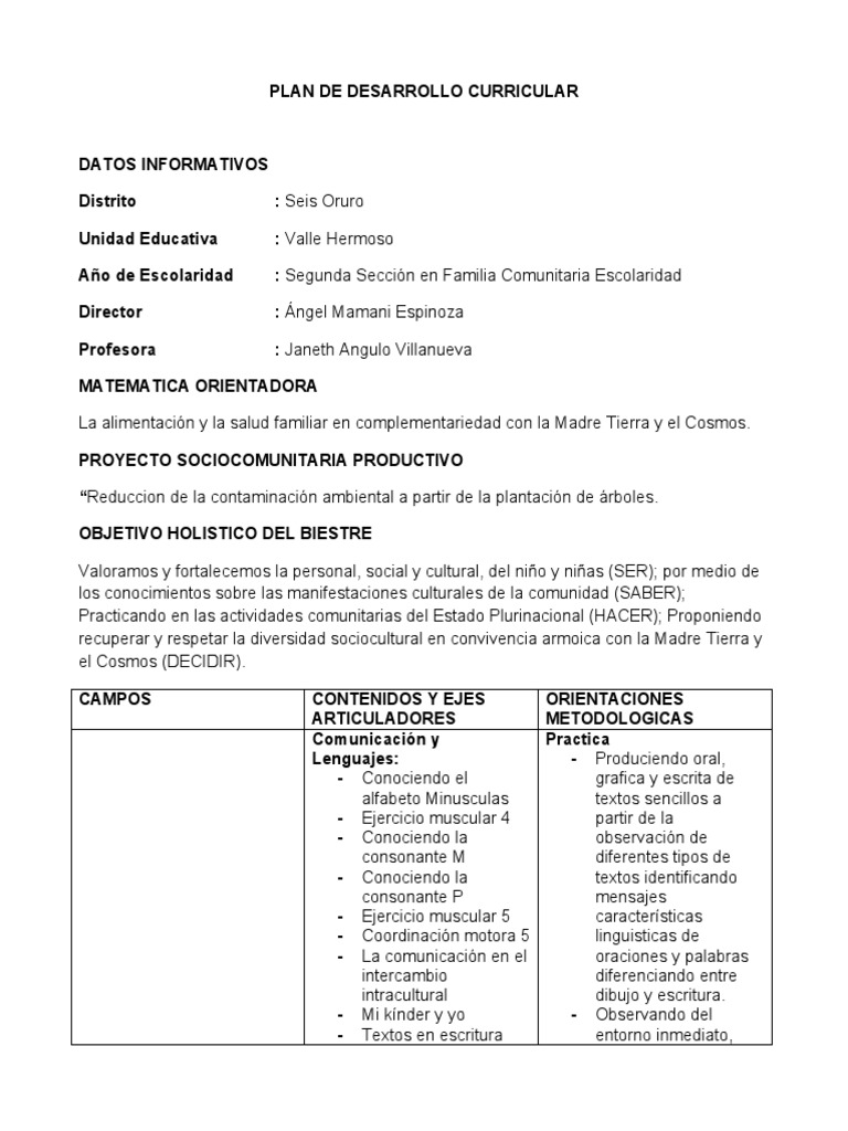 Plan de Desarrollo Curricular | PDF | Educación de la primera infancia ...