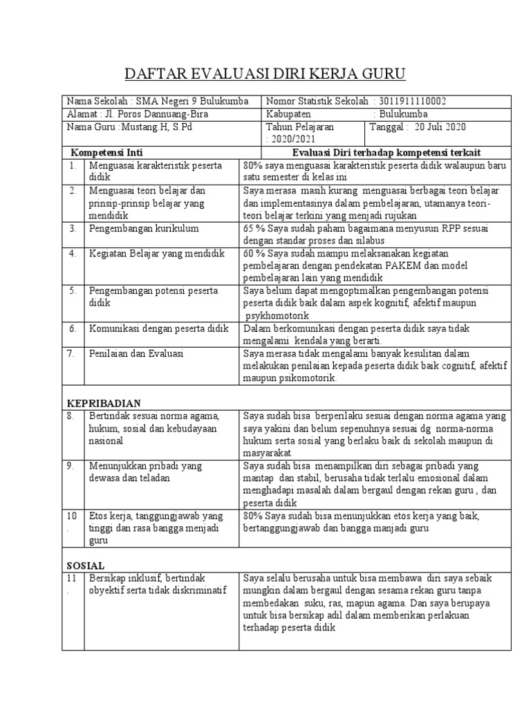 Evaluasi Diri Guru SMA Negeri 9 Bulukumba | PDF | Karier & Perkembangan ...