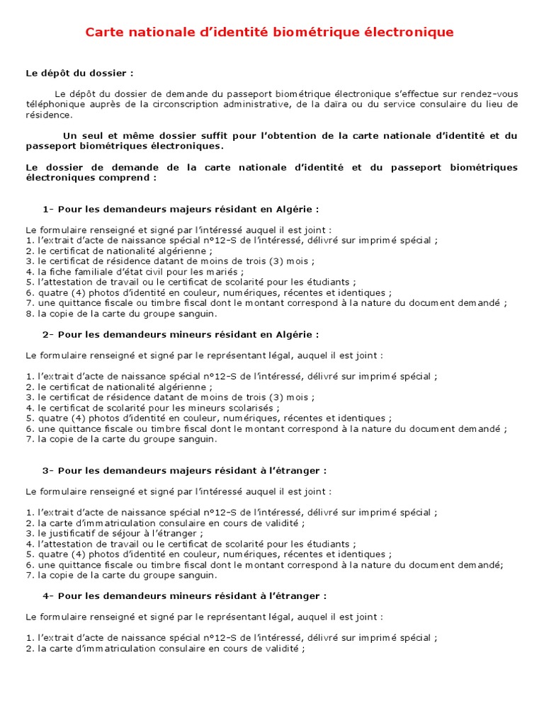 Formulaire Carte D Identité Algerie Biometrique Pdf Cni FR | PDF | Certificat de naissance | Passeport