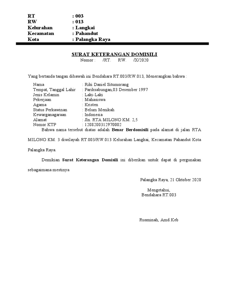 Contoh Surat Keterangan Domisili