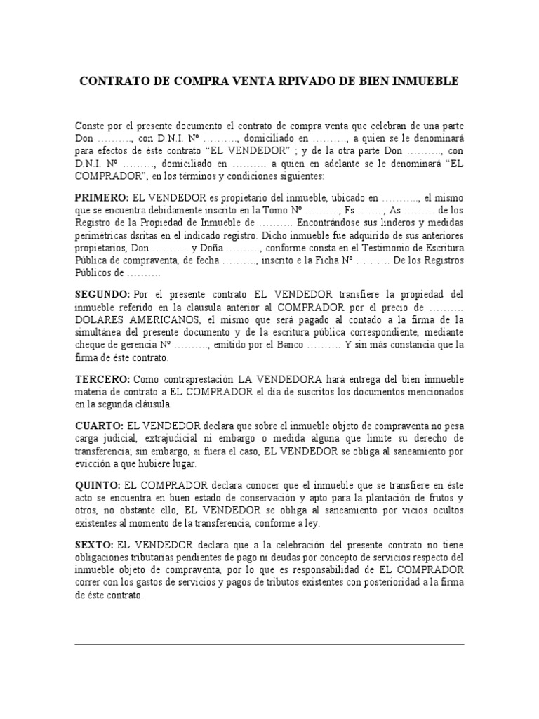 Contrato de Compraventa Inmueble Peru | PDF | Derecho civil (sistema legal)  | Información del gobierno