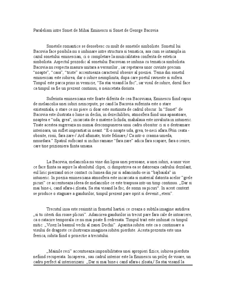 Paralelism intre Sonet de Mihai Eminescu si Sonet de George Bacovia