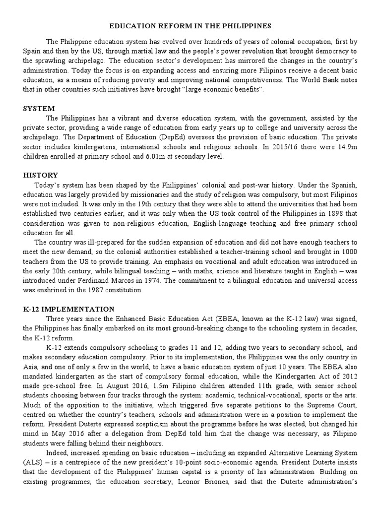 Education Reform in The Philippines | PDF | Schools | Philippines
