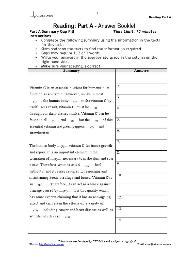Reading Part A Answer Booklet PDF Vitamin C Vitamin