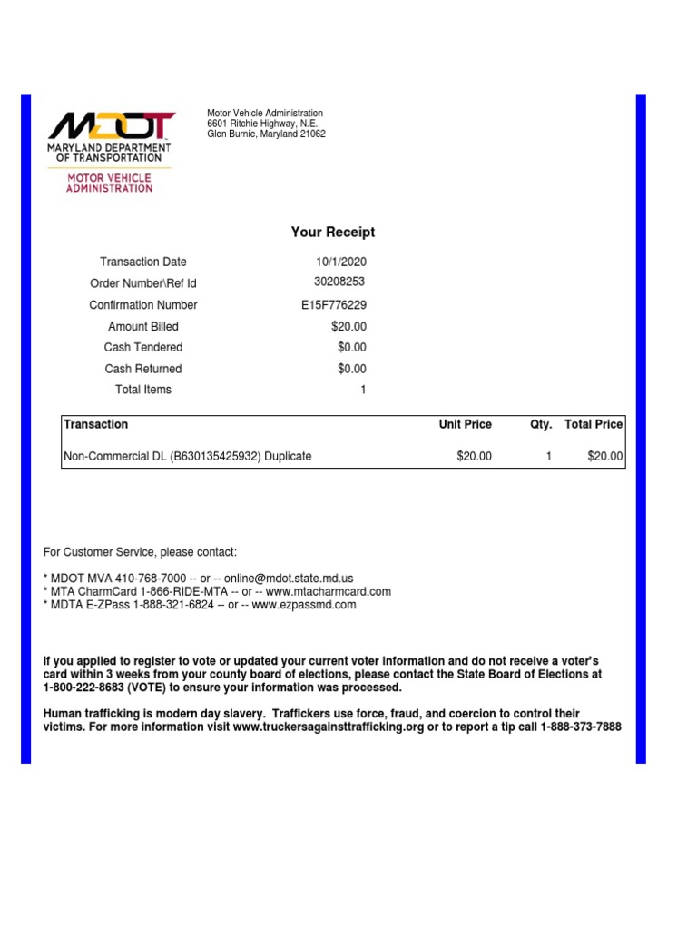 Your Receipt Motor Vehicle Administration 6601 Ritchie Highway, N.E. Glen Burnie, Maryland
